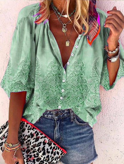 3d Flower Printed Long-sleeved Top DressShirt Women