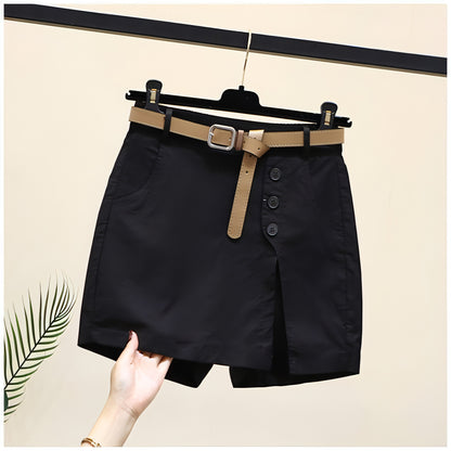 Summer New Button High Waist With Belt Cotton Shorts For Women Skirt