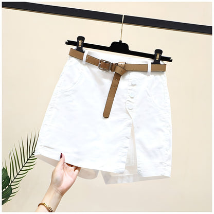 Summer New Button High Waist With Belt Cotton Shorts For Women Skirt