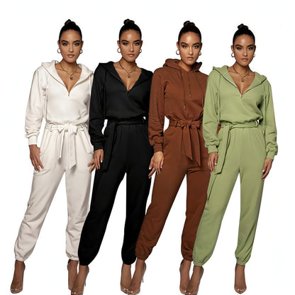 Slim-fit Long Sleeve Solid Color Hooded Half-open Collar Urban Leisure Women's Jumpsuit