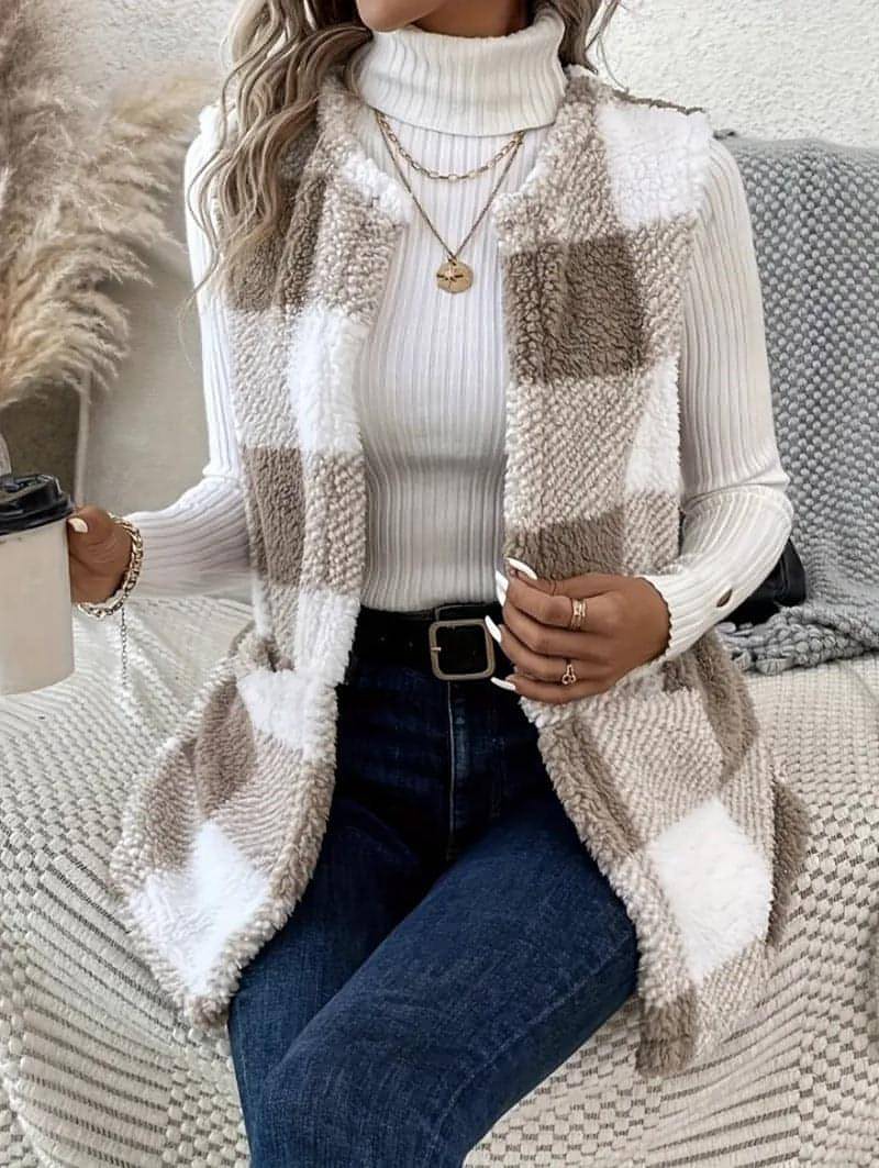 A.1 Coat Loose Plaid Color Stitching Knitted Cardigan Sweater Women