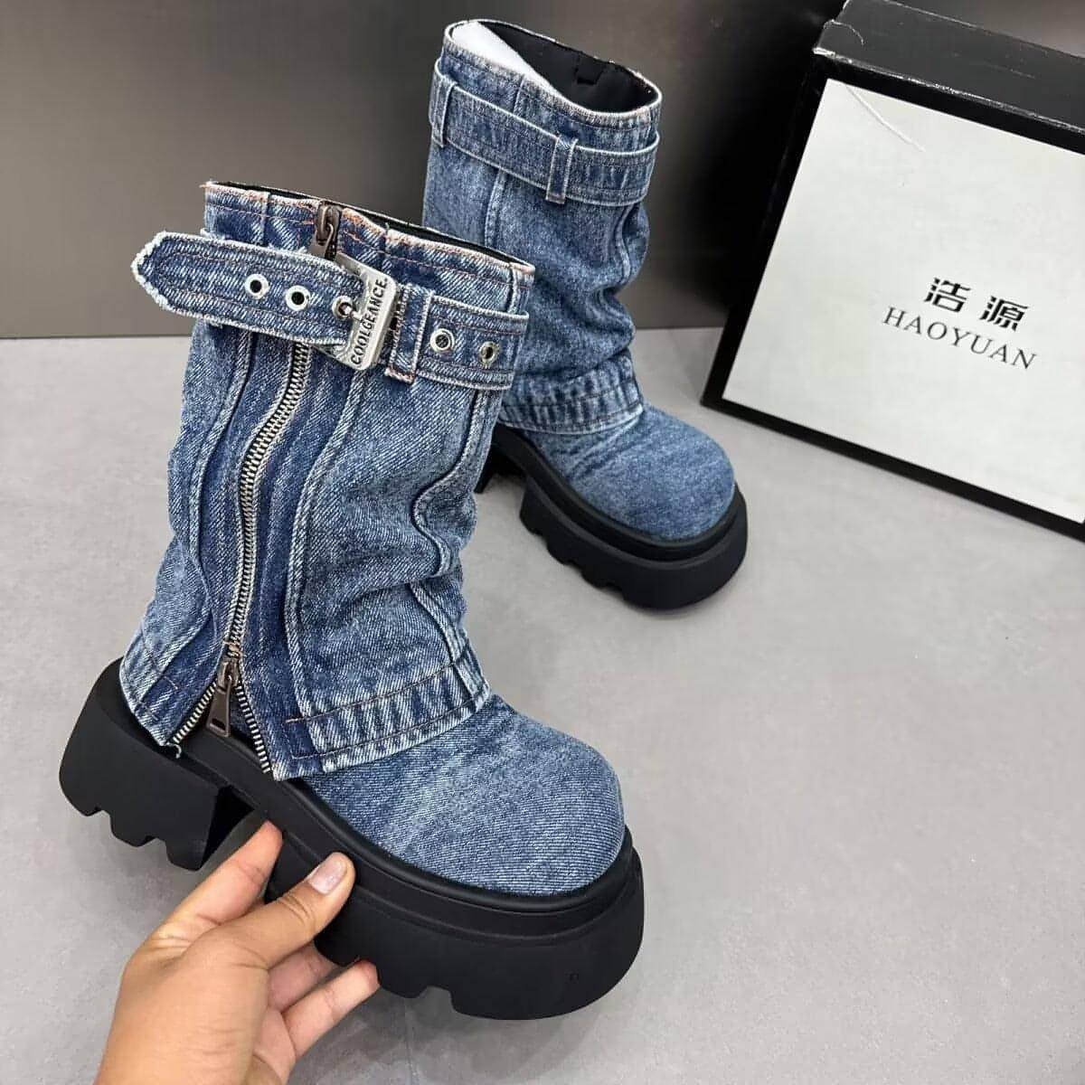 Botas jeans falsas duas peças Botas de motocicletas estilos de estilo