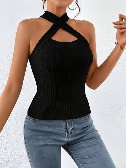 Top de punto cepillado sin mangas con cuello halter para mujer (camiseta)