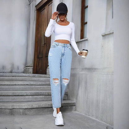 Women's Casual Loose Straight Ripped Denim Jeans