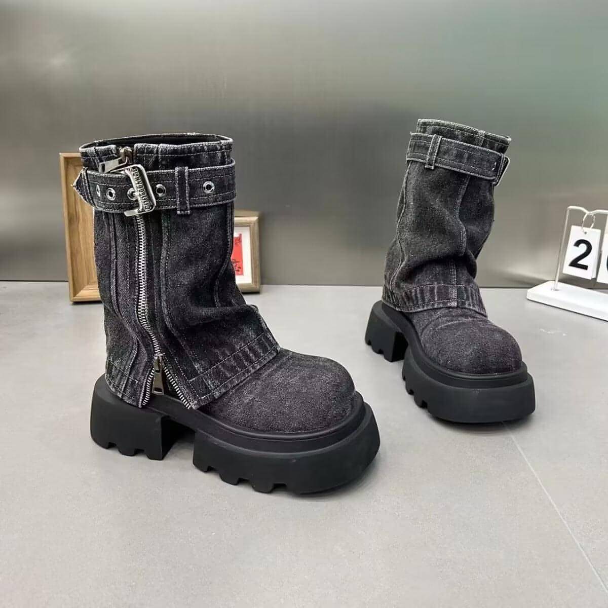 Botas jeans falsas duas peças Botas de motocicletas estilos de estilo