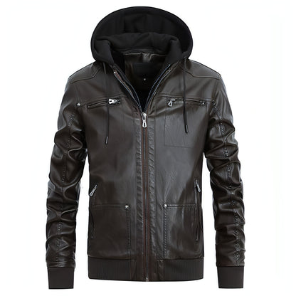 Men's Detachable Hat PU Hooded Jacket