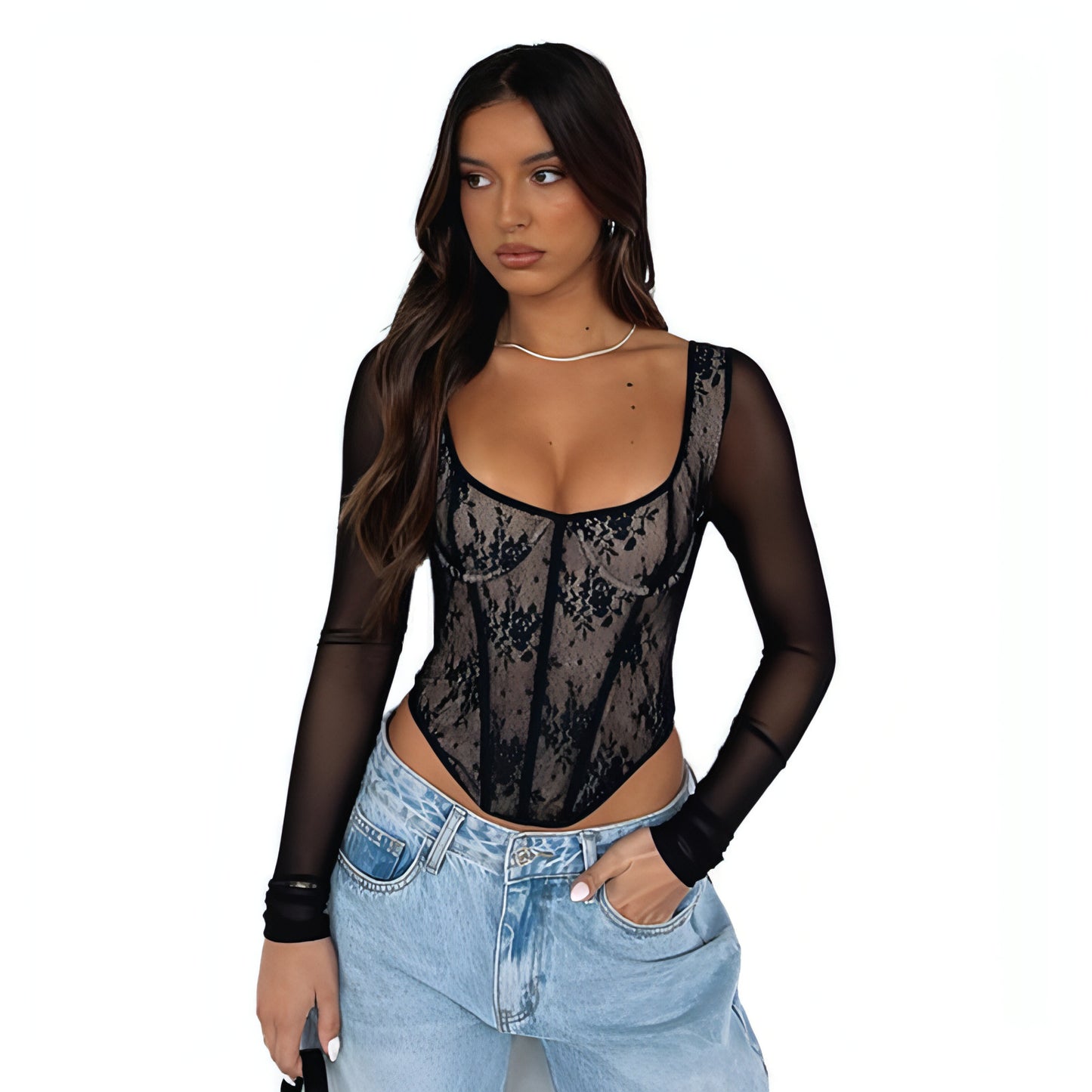 A1. Lace Stitching Girdle Printed Long-sleeved T-Shirt Women