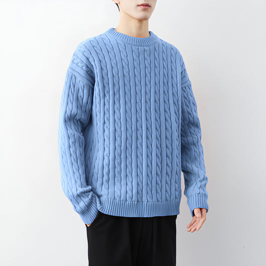 Men's Thick Solid Color Loose Round Neck Twisted Twisted Sweater