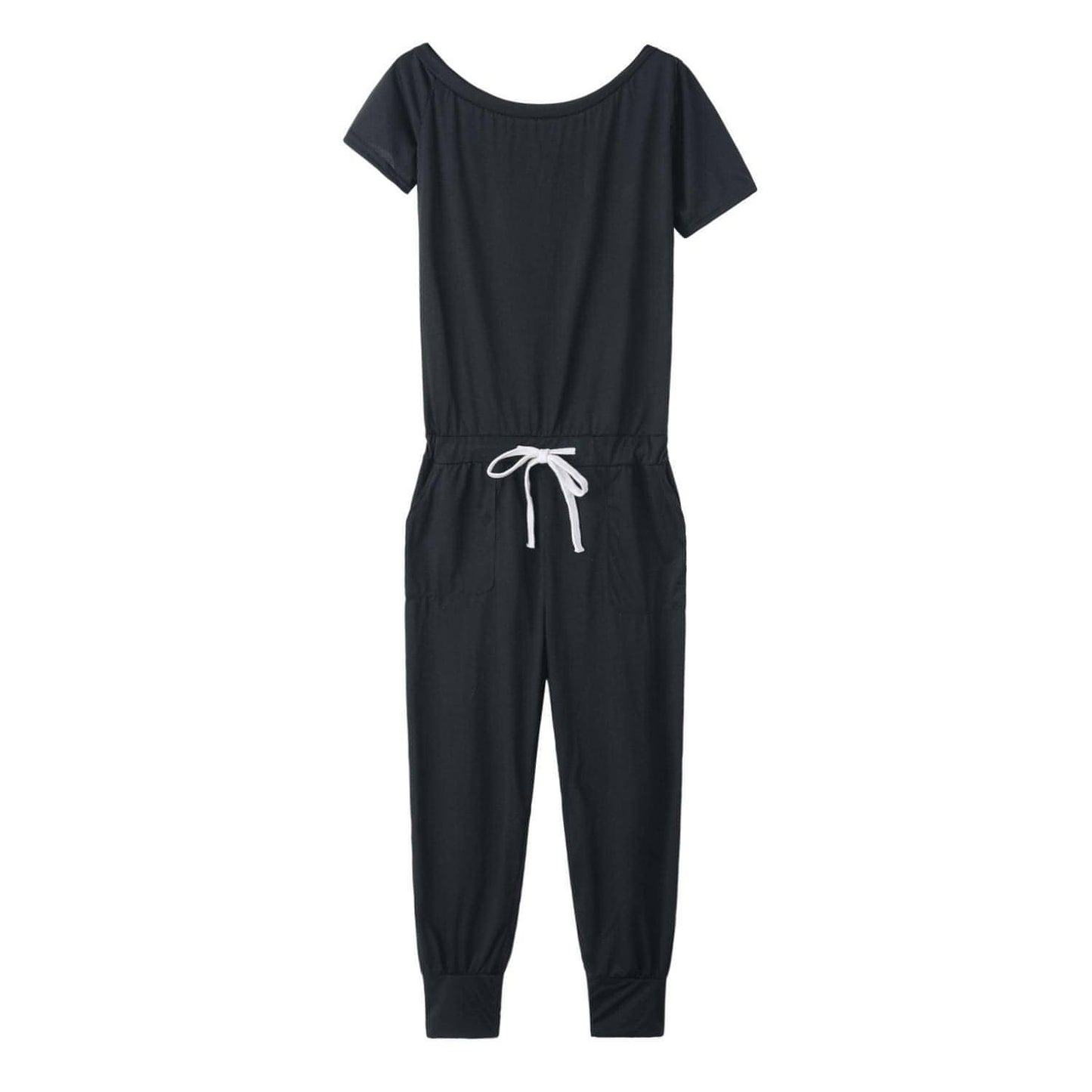 Schulterfreier Jumpsuit mit kurzen Ärmeln, Taschen und Schnürung an der Schulter für Damen