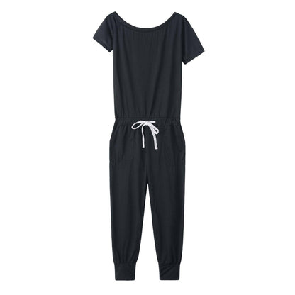 Schulterfreier Jumpsuit mit kurzen Ärmeln, Taschen und Schnürung an der Schulter für Damen