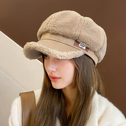 Faux Cashmere Fashion Leather Tag Octagonal Winter Warm Peaked Cap Hat