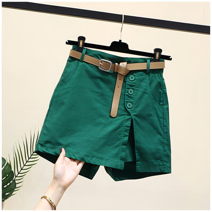 Summer New Button High Waist With Belt Cotton Shorts For Women Skirt