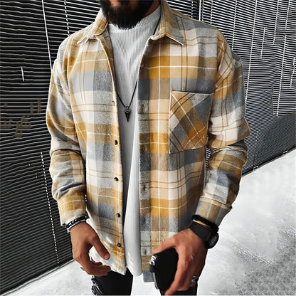 A. Camisa de vestir para hombre, chaqueta de manga larga con bolsillo y cuadros