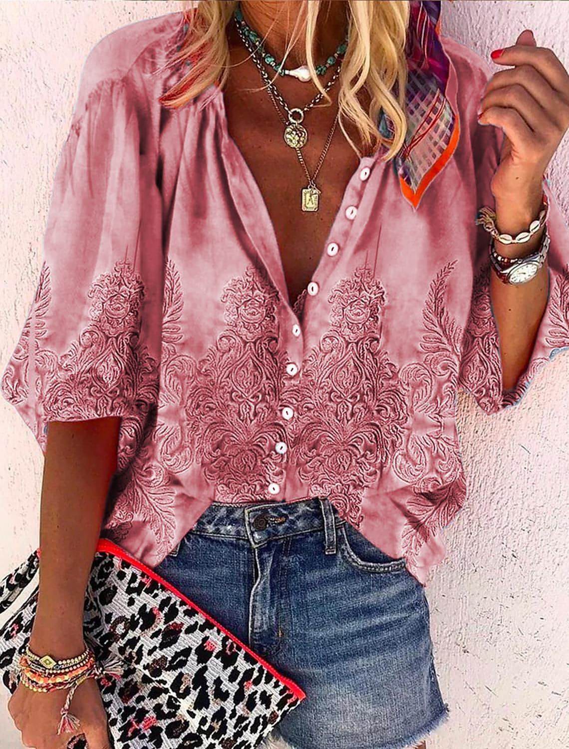 3d Flower Printed Long-sleeved Top DressShirt Women