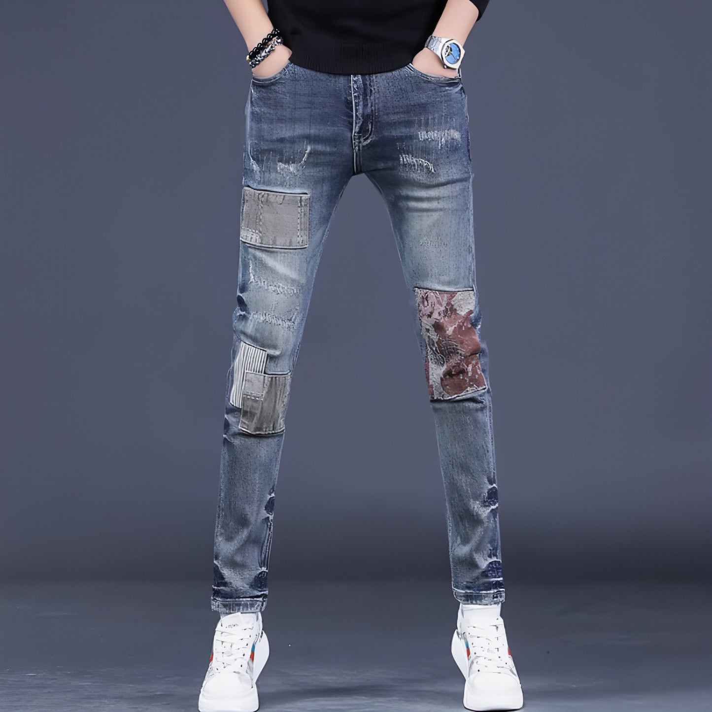 Men's Contrast Color Patch Hole Slim-fit Pants