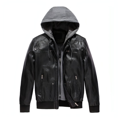 Men's Detachable Hat PU Hooded Jacket