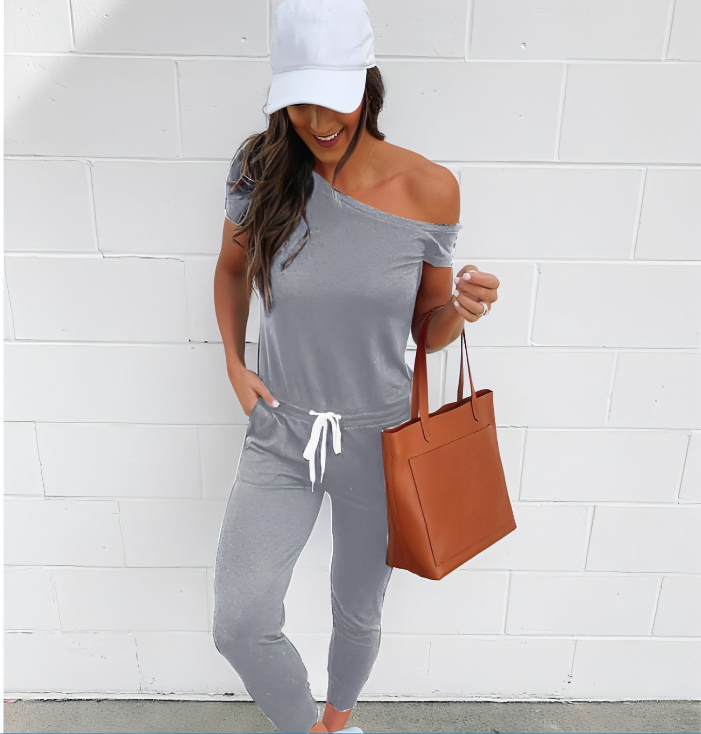 Women's Off-the-shoulder Short-sleeved Pocket Lace-up Shoulder Jumpsuit