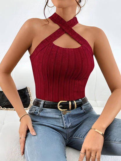 Top de punto cepillado sin mangas con cuello halter para mujer (camiseta)