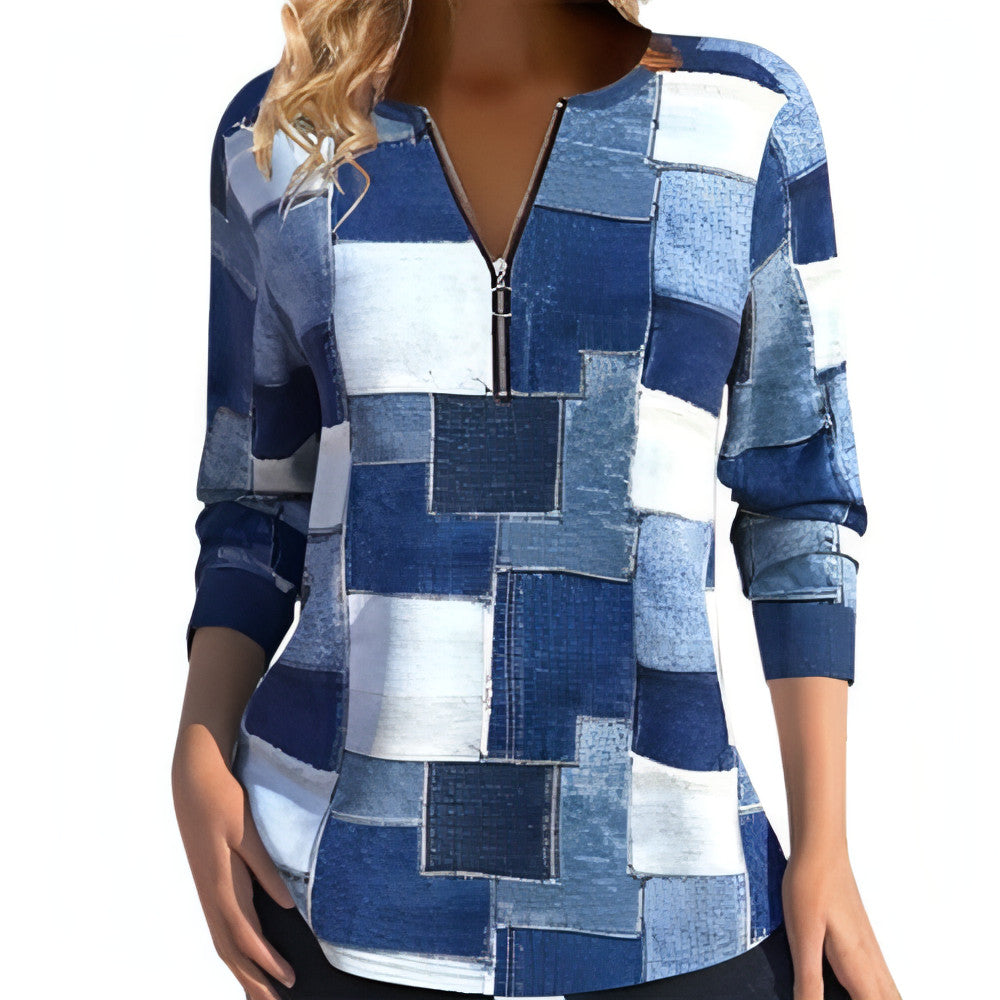 Women's Zipper Long Sleeve Geometric Top T-Shirt