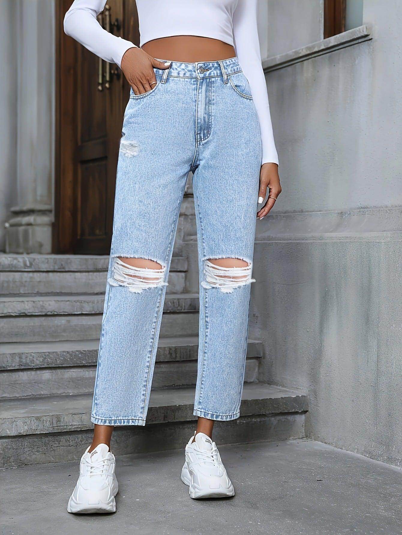 Women's Casual Loose Straight Ripped Denim Jeans