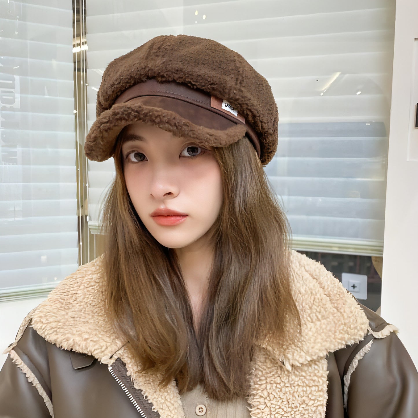 Faux Cashmere Fashion Leather Tag Octagonal Winter Warm Peaked Cap Hat