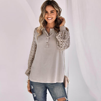 Casual Lace Button Top Women T-Shirt