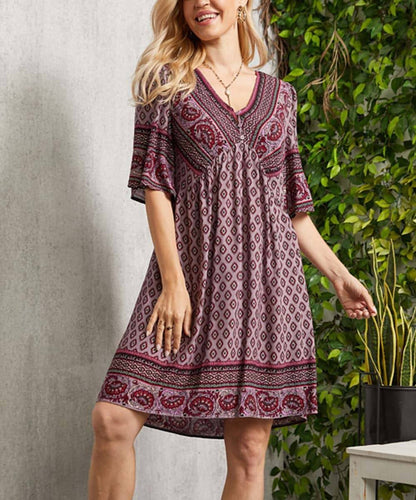 Summer Casual V-neck Printed Floral Holiday Bohemian Beach Dress