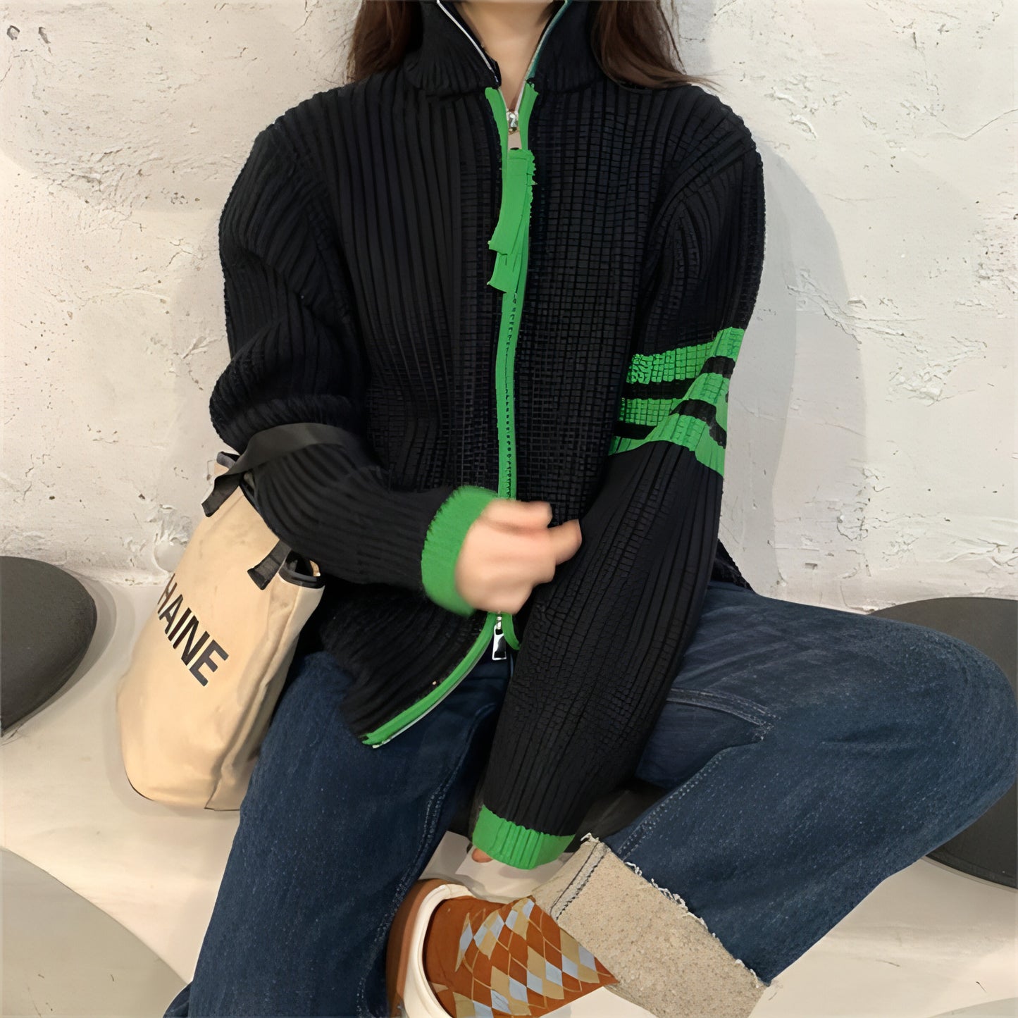 Contrast Color Striped Stitching Zipped Stand Collar Sweater Coat Women