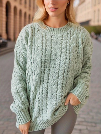 Vintage Vertical Stripes Twist Round Neck Long Sleeve Knitted Pullover Thick Needle Sweater For Women