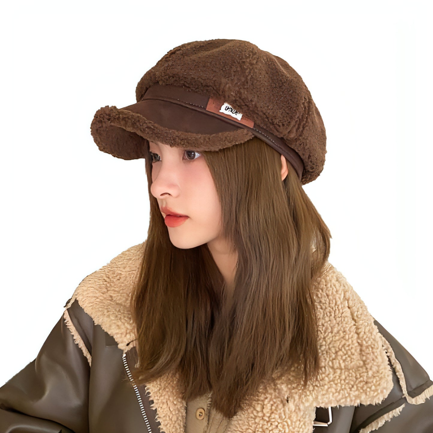 Faux Cashmere Fashion Leather Tag Octagonal Winter Warm Peaked Cap Hat