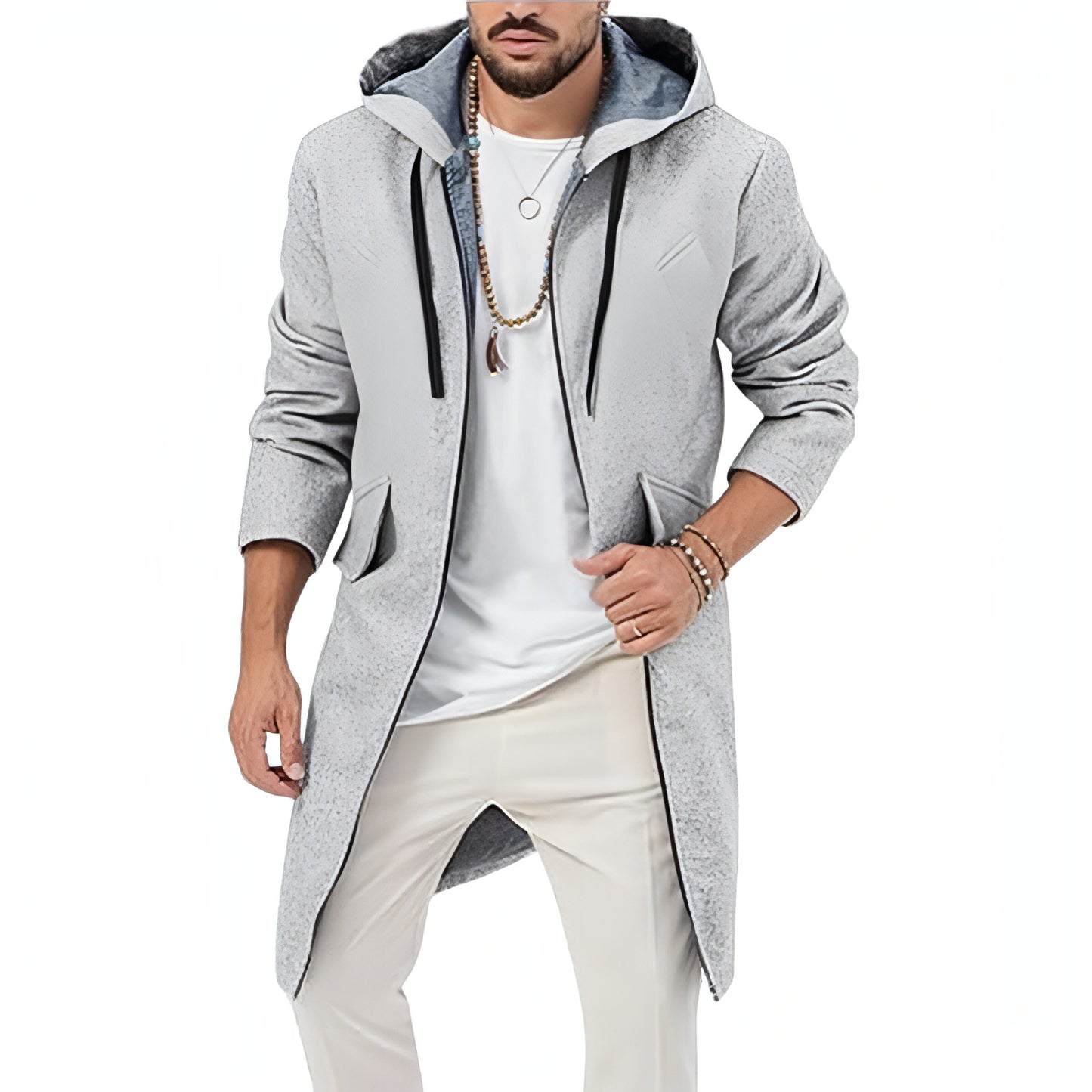 Hooded Jacket Single Zipper Cardigan Woolen Men's Coat