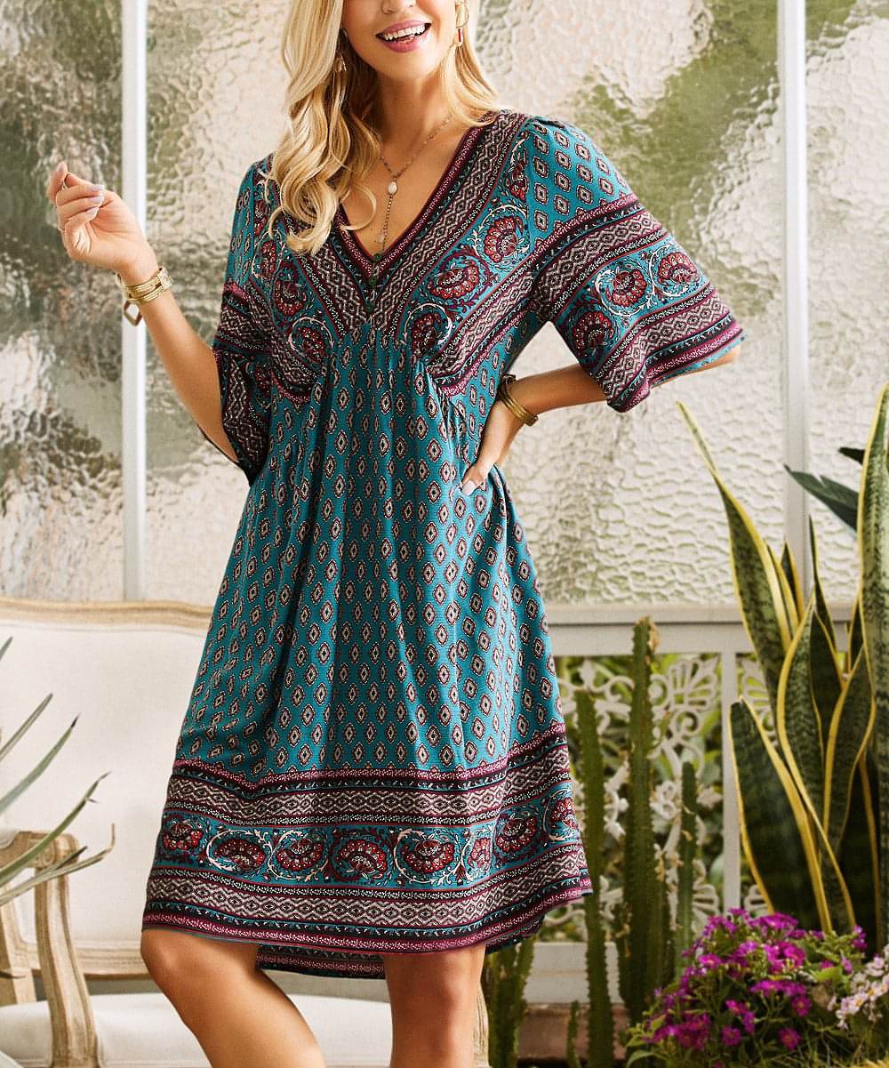 Summer Casual V-neck Printed Floral Holiday Bohemian Beach Dress