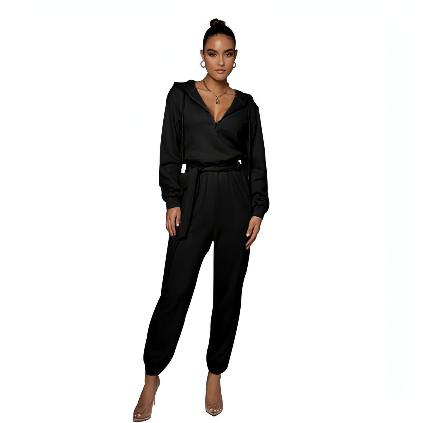 Slim-fit Long Sleeve Solid Color Hooded Half-open Collar Urban Leisure Women's Jumpsuit