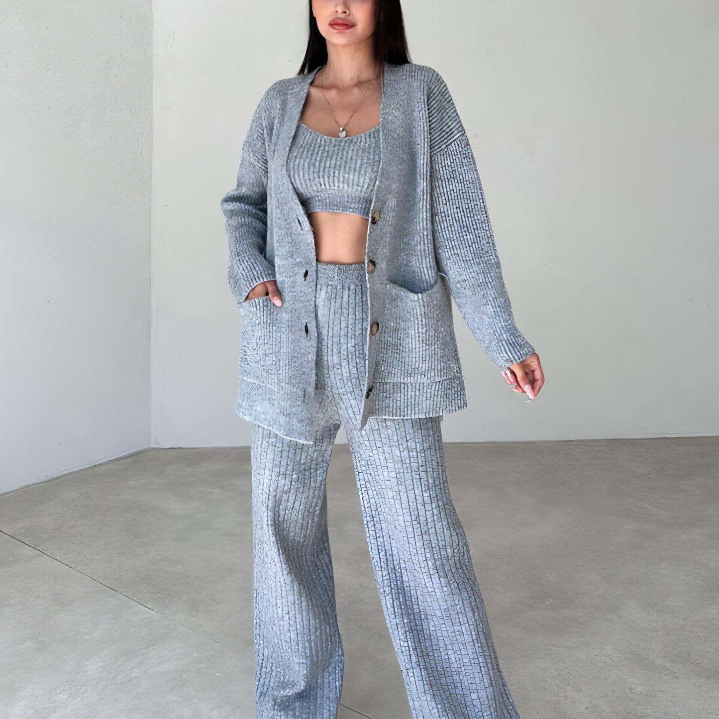 Sweater Button Cardigan Vest Pants Three-piece Set