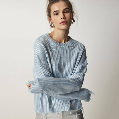 Women's Ragged Design Short Sweater Knitwear Top