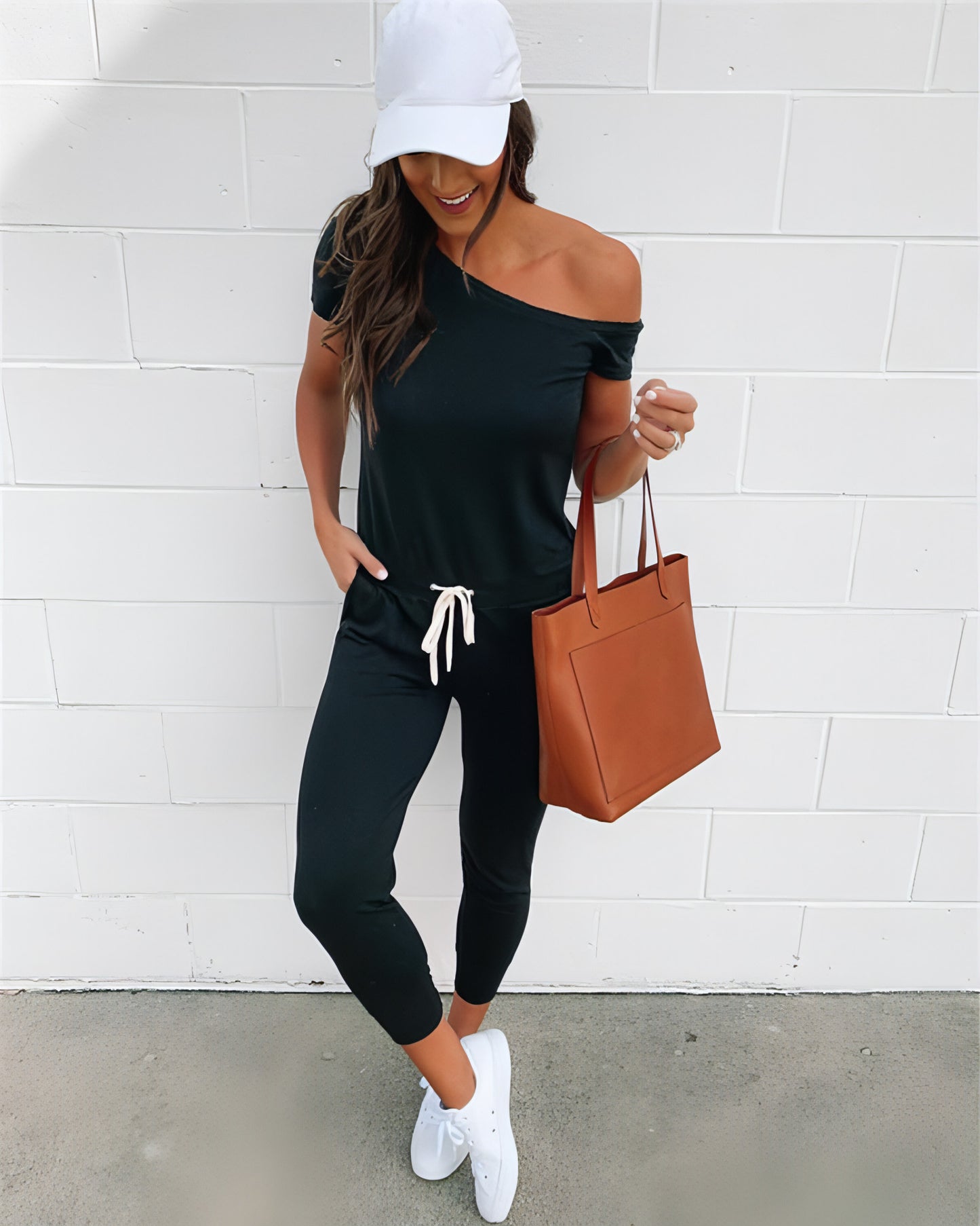 Women's Off-the-shoulder Short-sleeved Pocket Lace-up Shoulder Jumpsuit