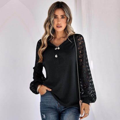 Casual Lace Button Top Women T-Shirt