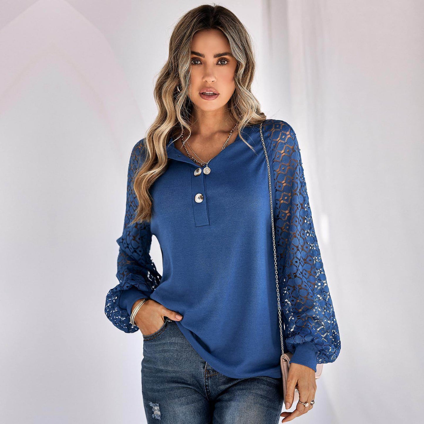 Casual Lace Button Top Women T-Shirt