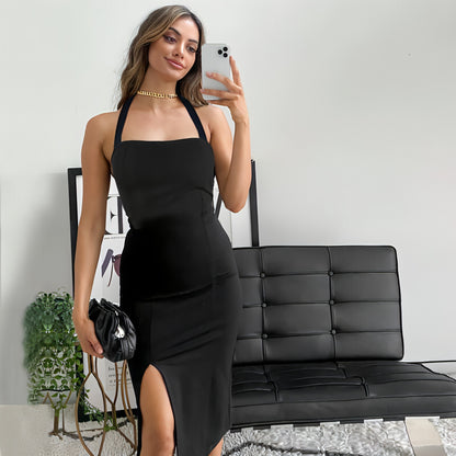 Vestido elegante con escote halter y espalda descubierta para mujer