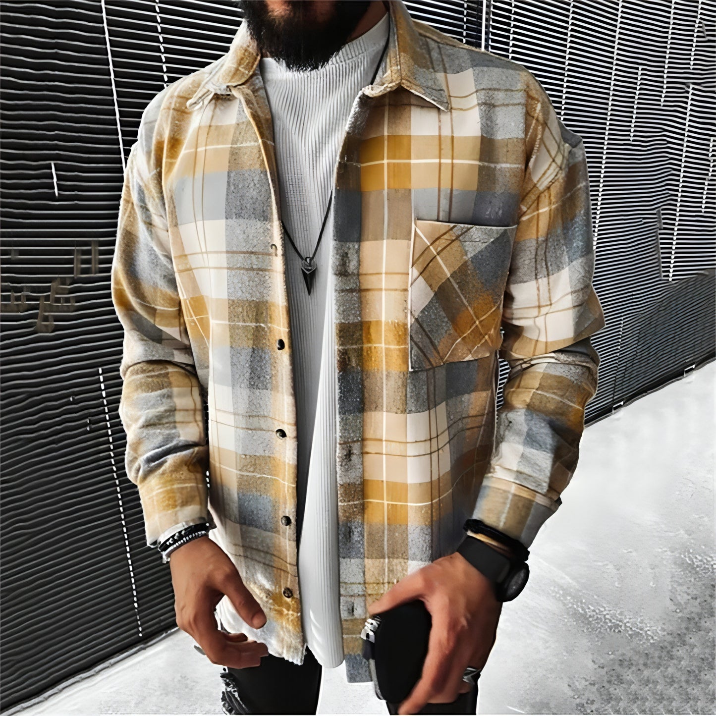 A. Men's DressShirt Plaid Pocket Long Sleeve Jacket