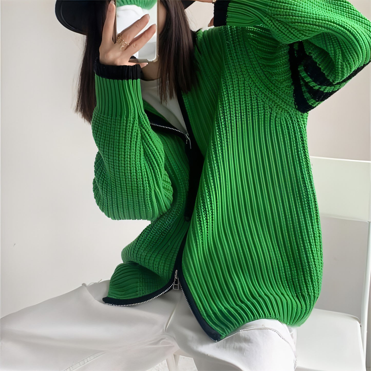 Contrast Color Striped Stitching Zipped Stand Collar Sweater Coat Women