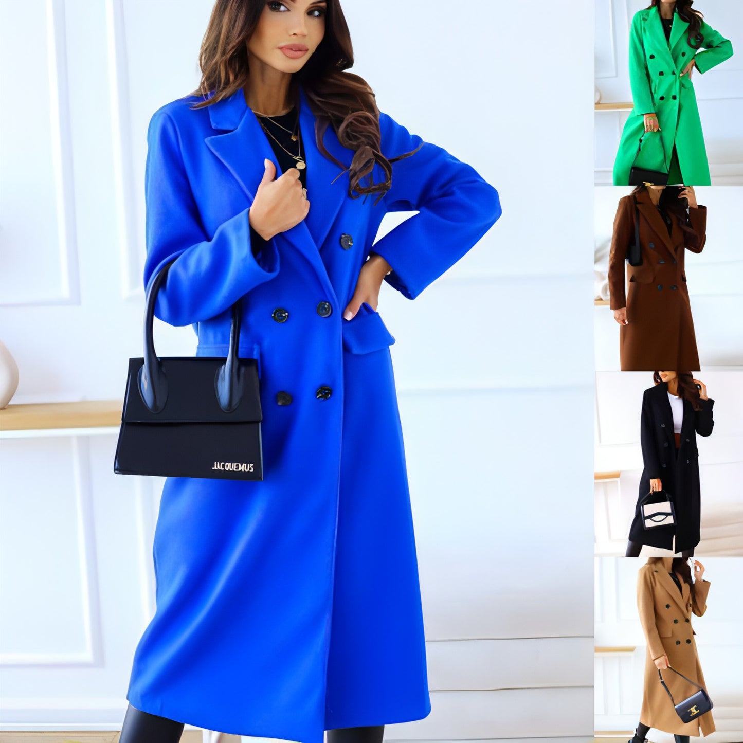 Women's Fashion Simple Double Breasted Long Sleeve Lapel Button Woolen Coat