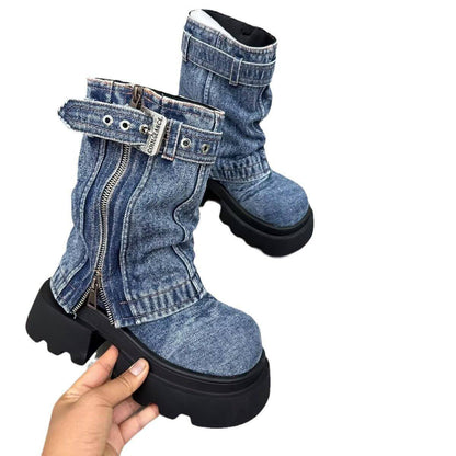 Boots Denim Fake Two Pieces Pile Style Boots Motorcycle Boots