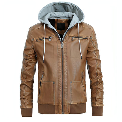 Men's Detachable Hat PU Hooded Jacket