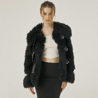 Fluffy wool & leather women 's jacket