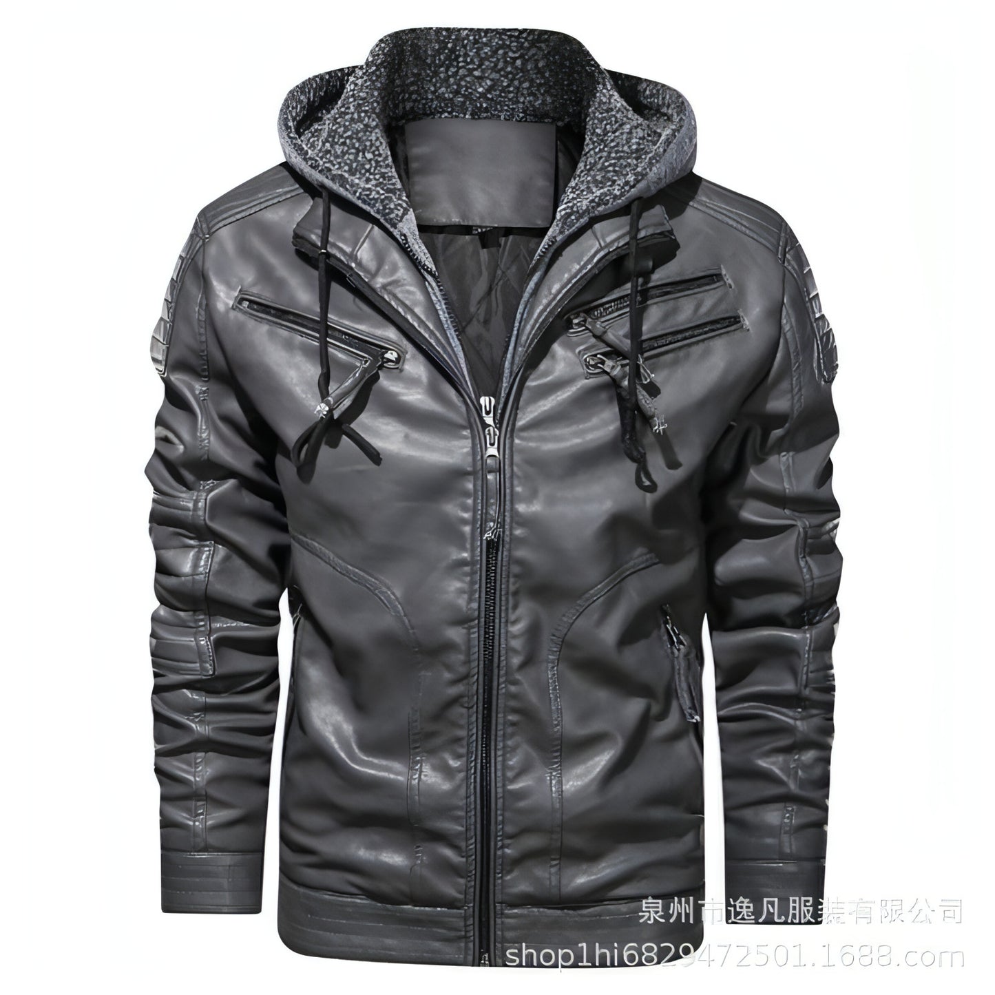 Men's PU Leather Coat Hooded Cotton Addition Leather Jacket Coat