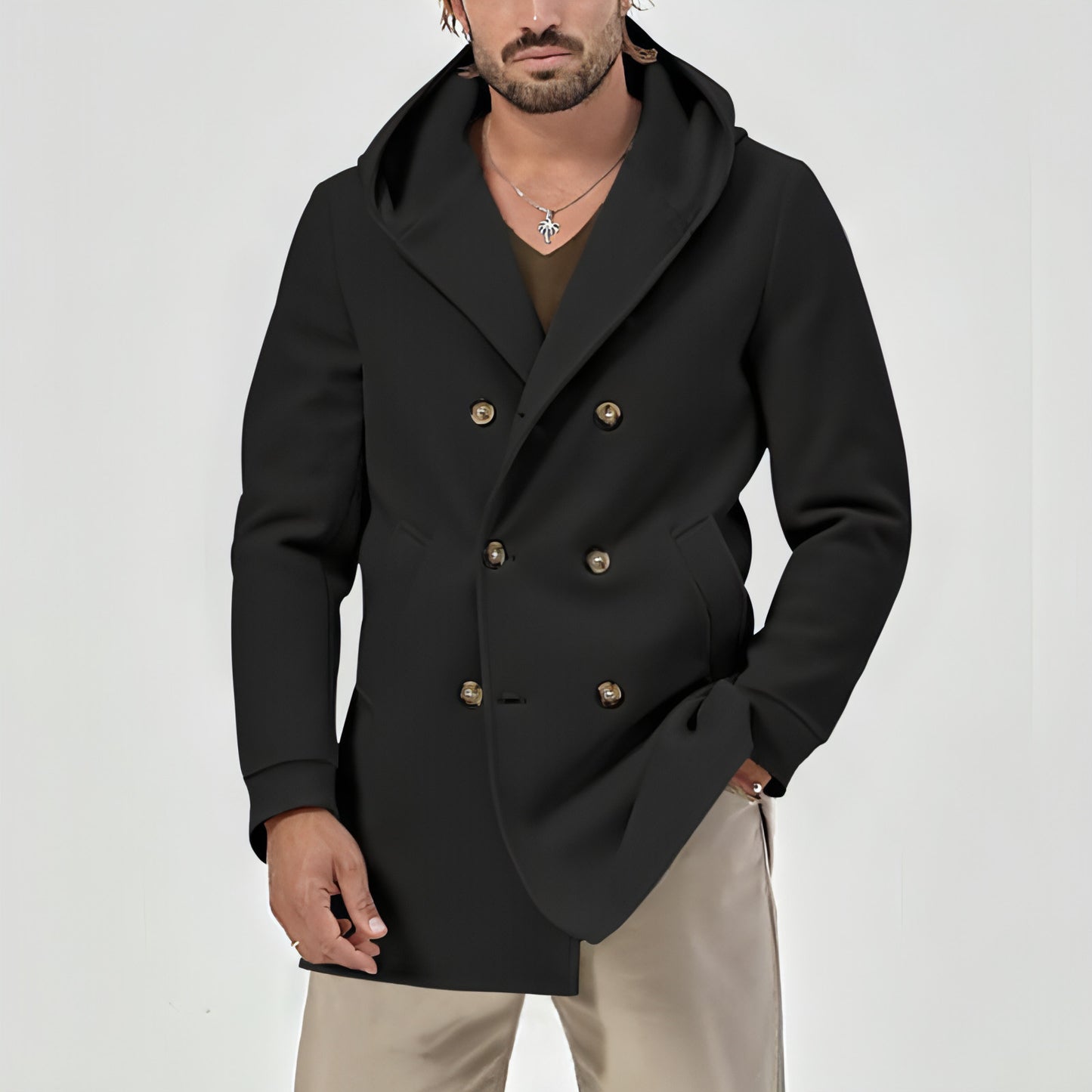 A1. Hooded Double-breasted Casual Mid-length Trench Coat