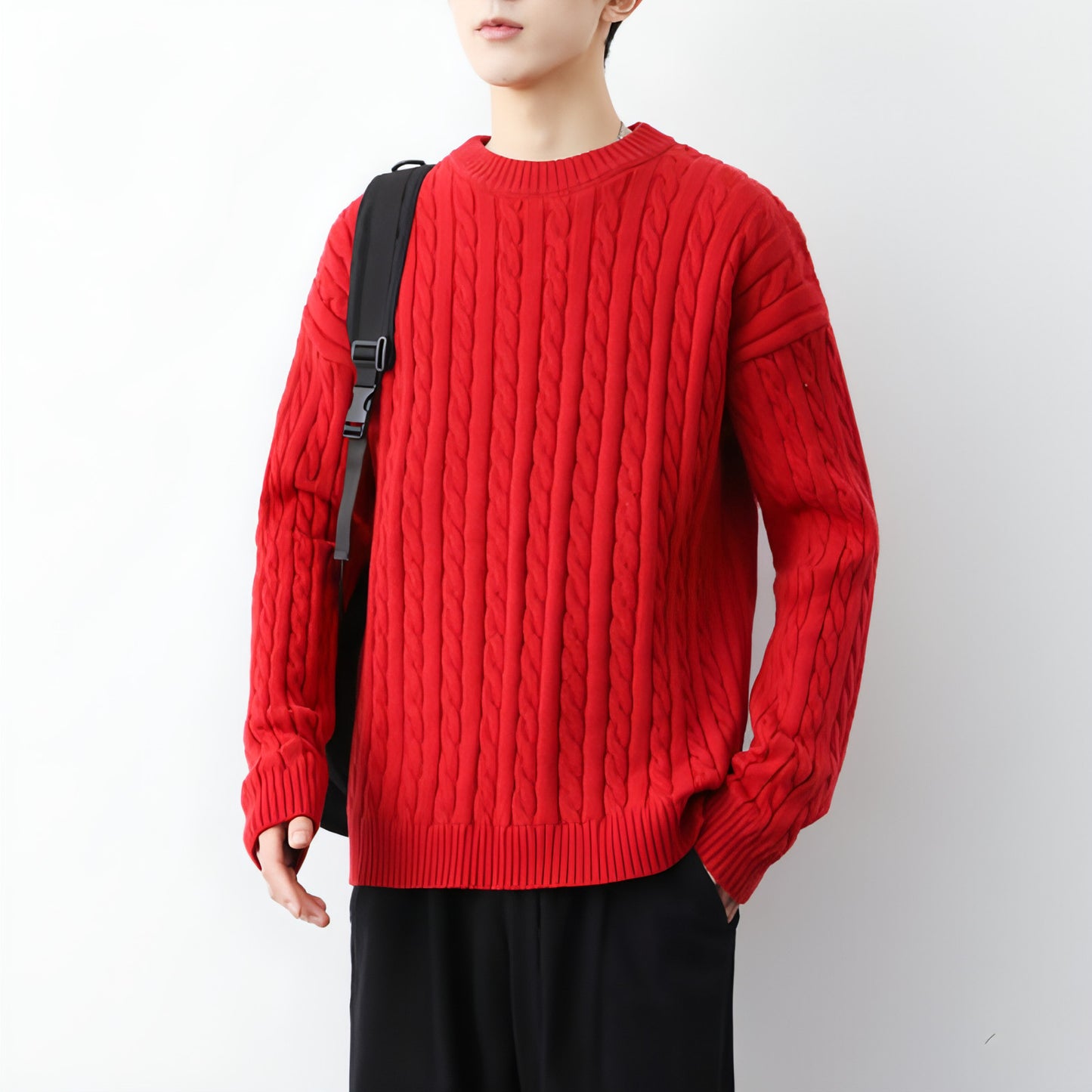 Men's Thick Solid Color Loose Round Neck Twisted Twisted Sweater