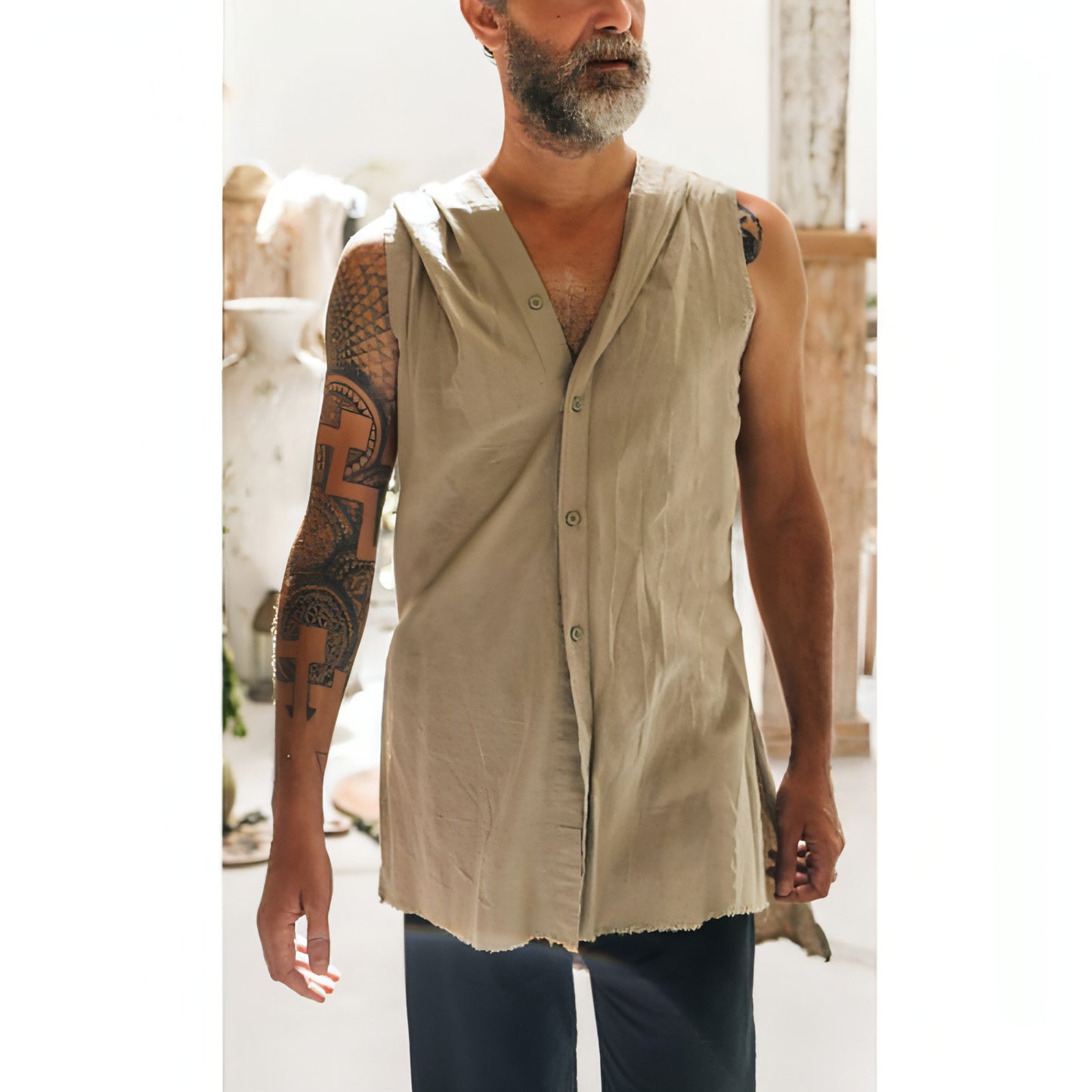 Multicolor Waistcoat Cotton And Linen Washing Vest Sleeve-Less DressShirt Men