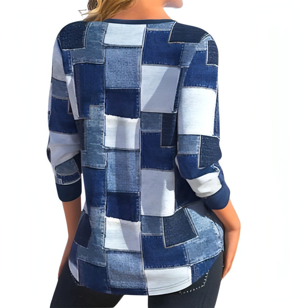 Women's Zipper Long Sleeve Geometric Top T-Shirt